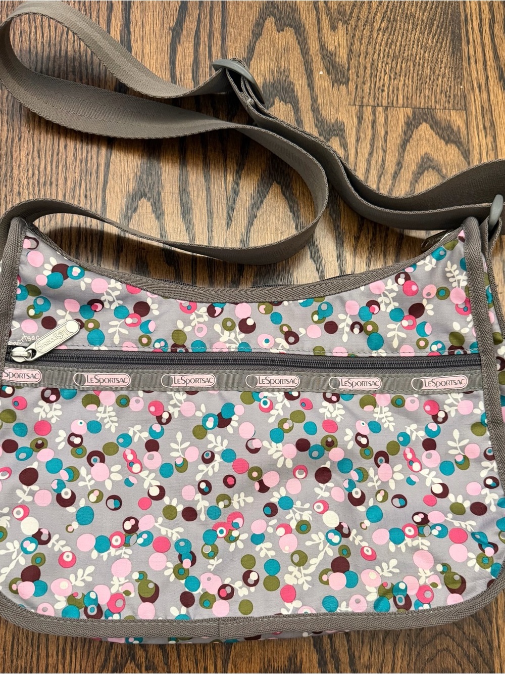 LeSportsac Grey Crossbody Bag with Pink, Teal & Olive Dot Floral Print